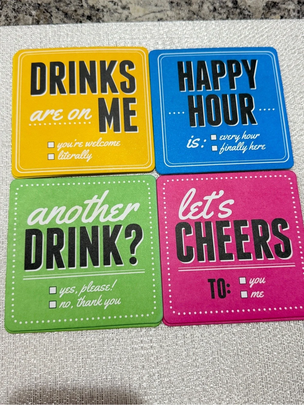 Conversation Coasters ~ Set of 8 Drinking/Party Theme Neon Colors Fun Game NWOT
